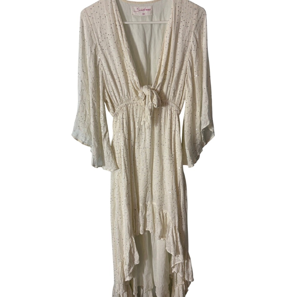 Sundress White Sequin High Low Maxi Dress Bell Sleeve Stevie Nicks Boho XS/S